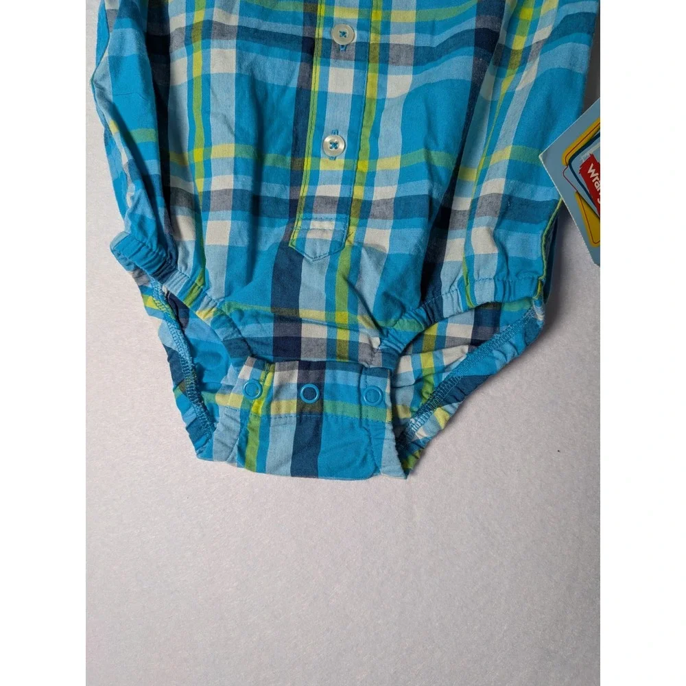 Wrangler Baby‎ Boys Turquoise Blue Plaid Short Sleeve Bodysuit Romper 12M NWT
